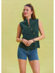 V Neck Cross Button Green Summer Blouse 4548